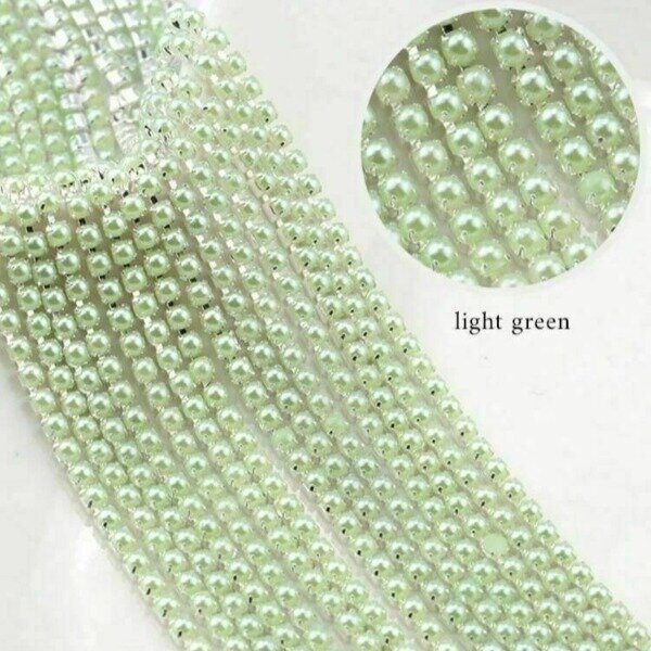 стразовая цепочка 2мм, жемчуг Light Green в серебряной оправе, 10см